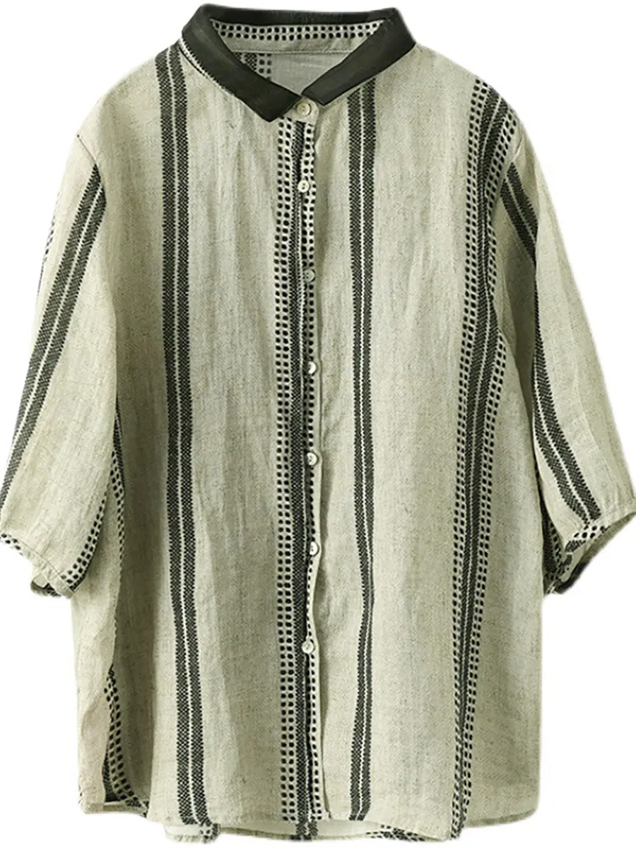 Vintage Stripe Ramie Casual Summer Women Shirt