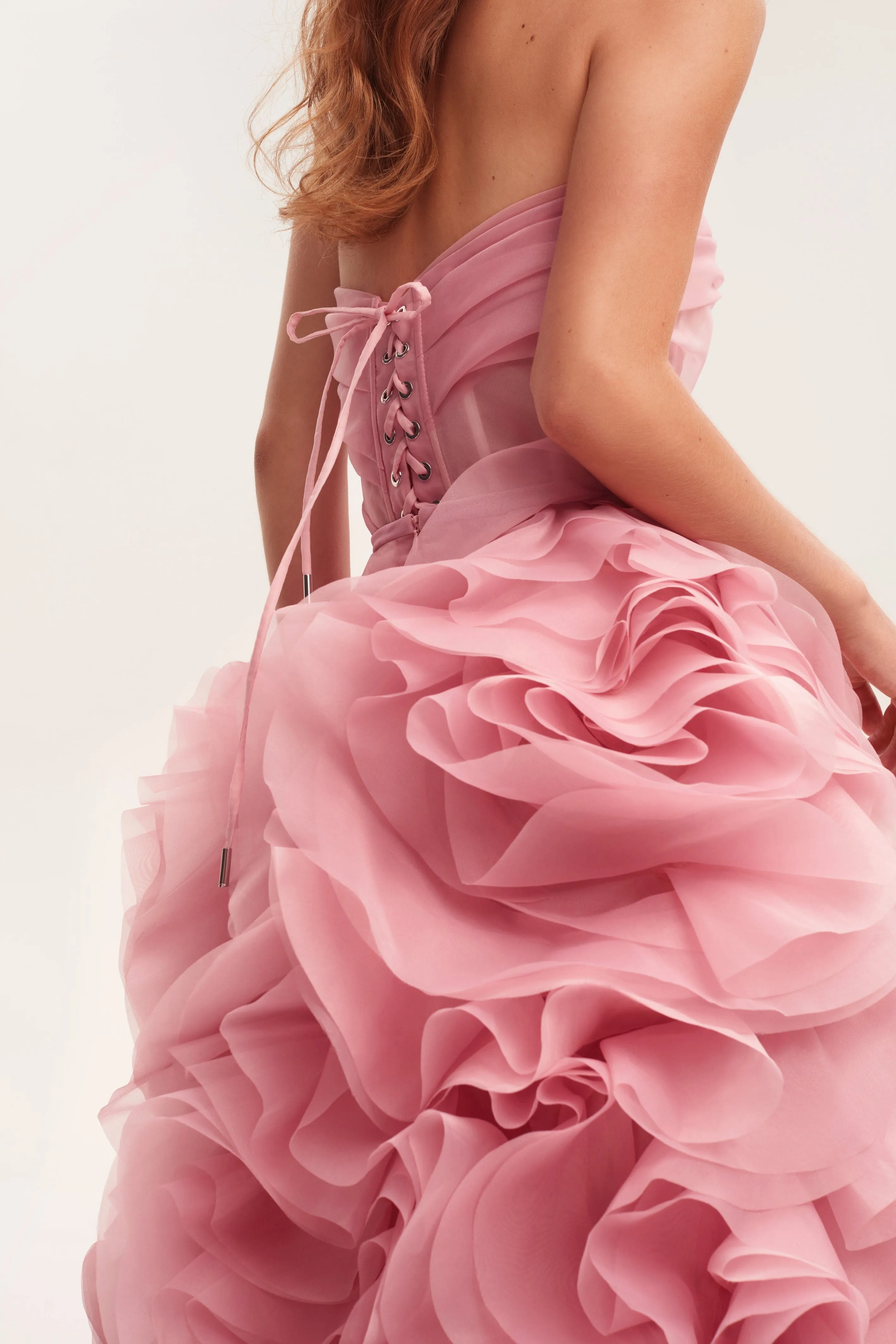 Voluminous rose appliques pink maxi dress, Garden of Eden