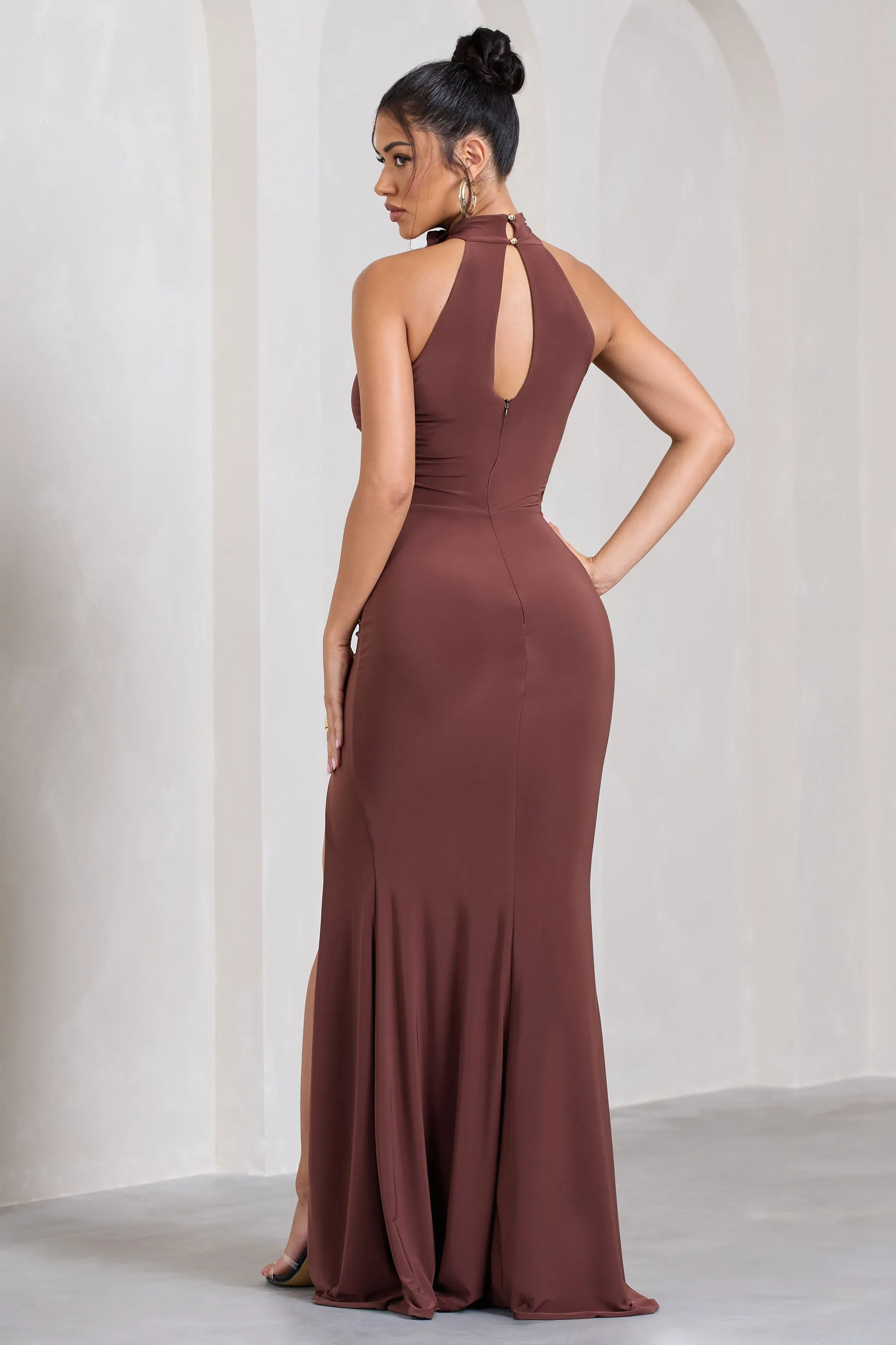 Wanderer | Chocolate Brown Ruched Halter-Neck Split Maxi Dress With Flower