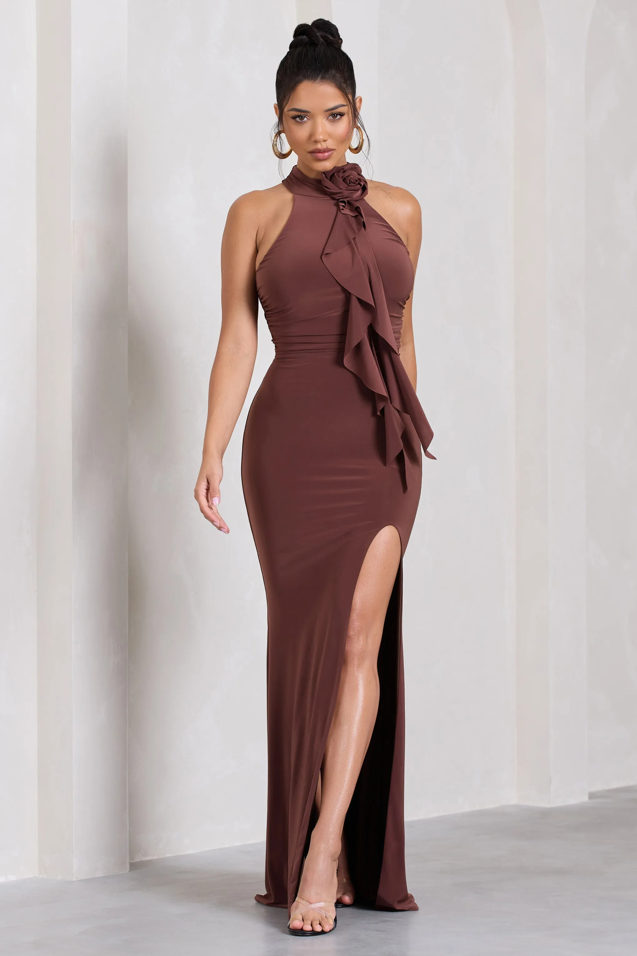 Wanderer | Chocolate Brown Ruched Halter-Neck Split Maxi Dress With Flower