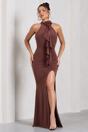 Wanderer | Chocolate Brown Ruched Halter-Neck Split Maxi Dress With Flower