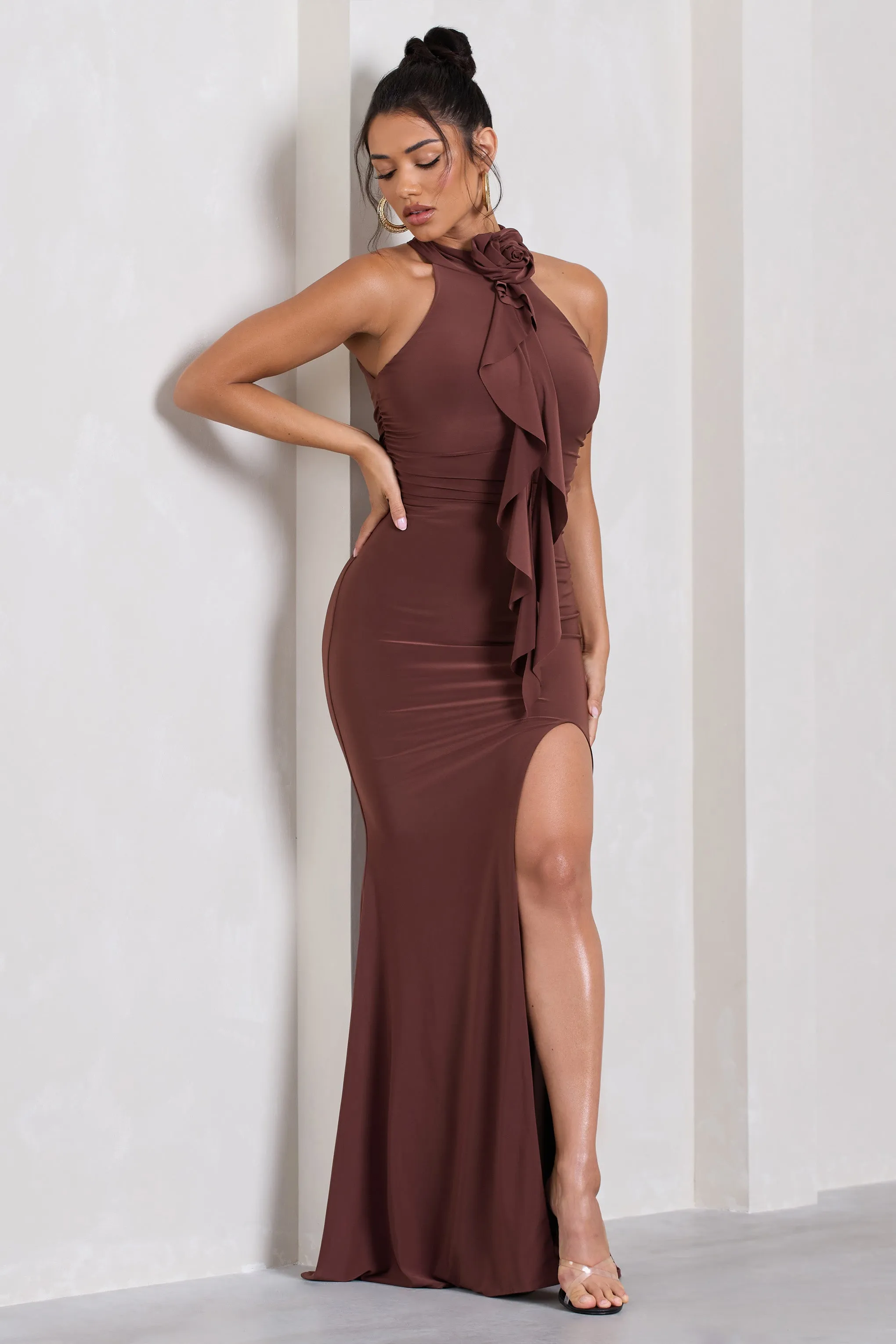 Wanderer | Chocolate Brown Ruched Halter-Neck Split Maxi Dress With Flower