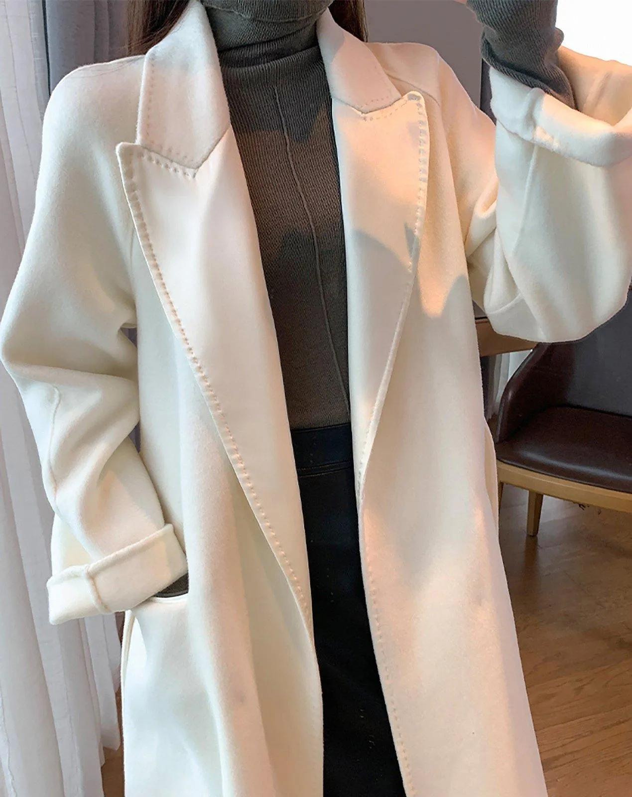 Women Double Faced Wool Long Coat,Handmade Coat,White Long Wool Coat,Olive Wool Overcoat,Wrap Wool Coat,Warm Winter Coat,Oversize Wool Coat